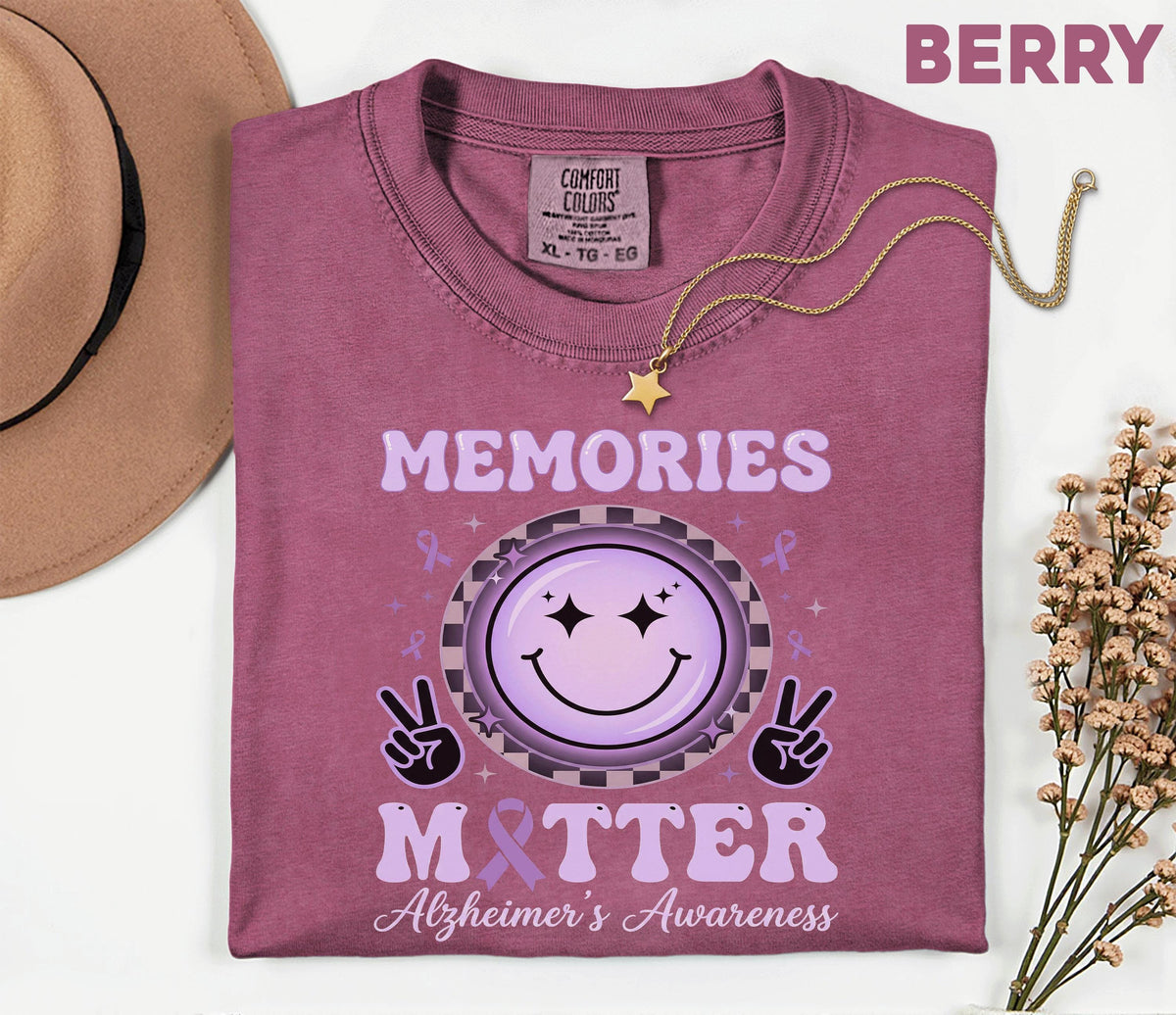 Memories Matter Alzheimer’s Awareness Comfort Colors Shirt, Purple Ribbon Smile Face Tee, Dementia Support Gift for Caregivers