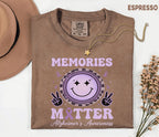 Memories Matter Alzheimer’s Awareness Comfort Colors Shirt, Purple Ribbon Smile Face Tee, Dementia Support Gift for Caregivers