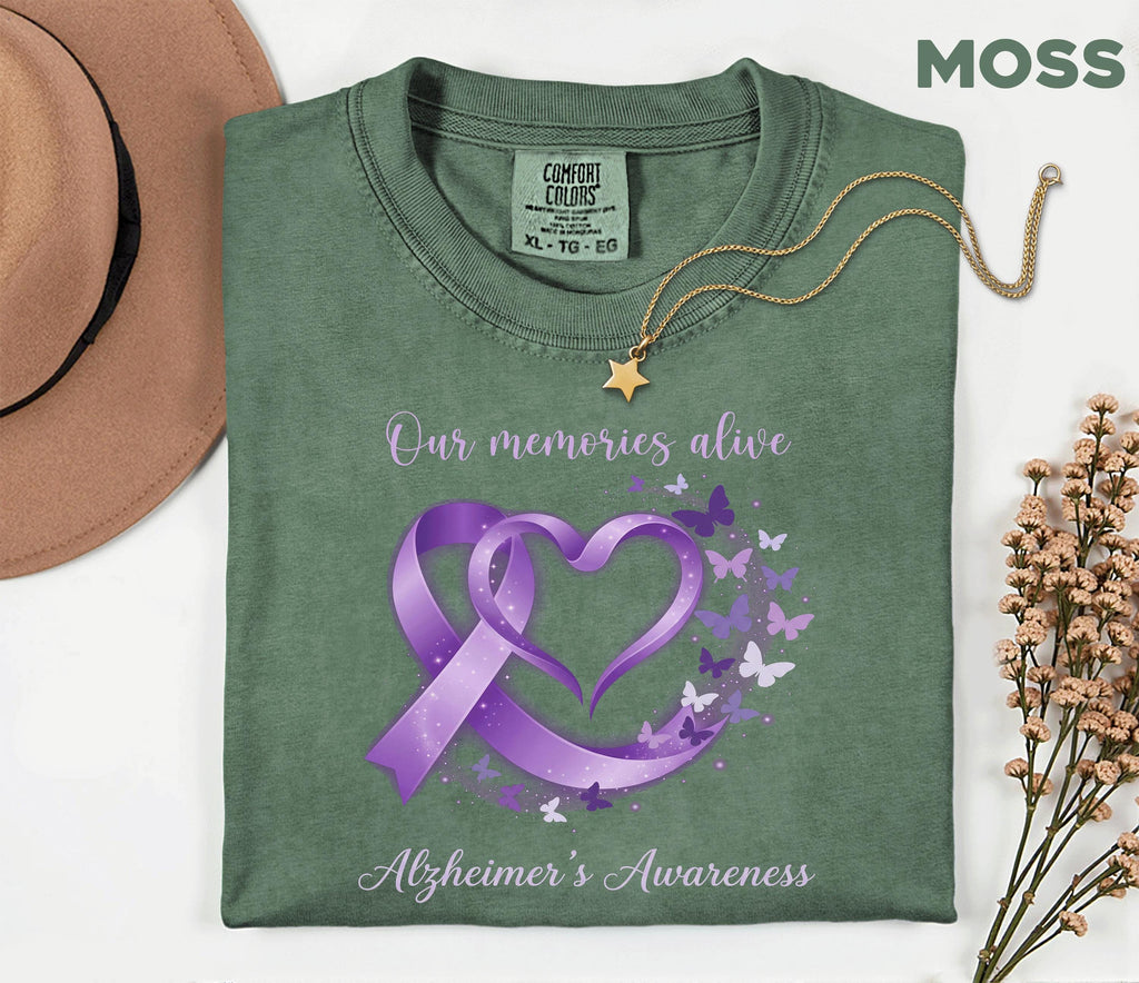 Alzheimer’s Awareness Comfort Colors Shirt, Purple Ribbon Heart Butterfly Tee, Our Memories Live On, Dementia Support Gift