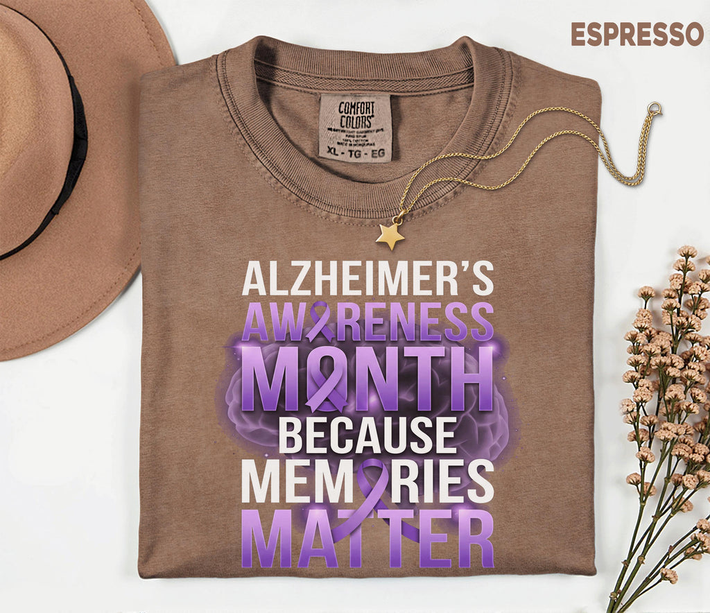 Alzheimer’s Awareness Month Comfort Colors Shirt, Memories Matter Purple Ribbon Tee, Dementia Support Gift, Brain Health Advocacy