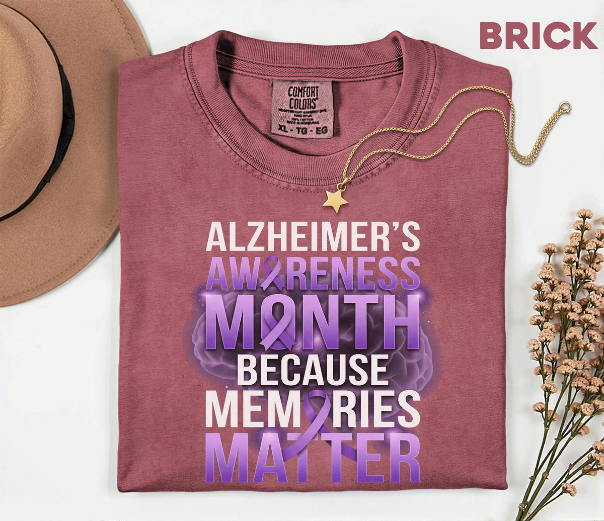 Alzheimer’s Awareness Month Comfort Colors Shirt, Memories Matter Purple Ribbon Tee, Dementia Support Gift, Brain Health Advocacy