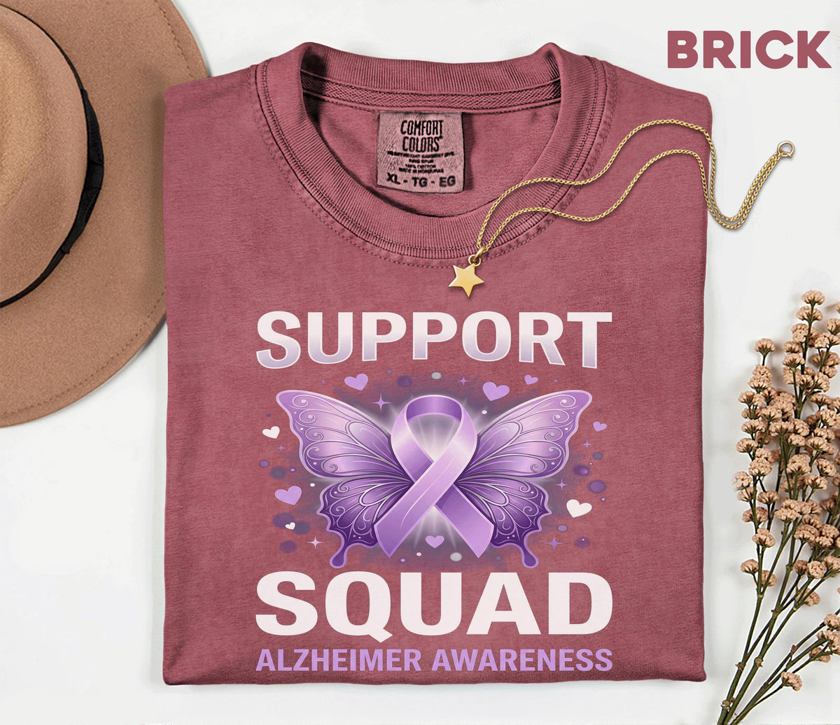 Alzheimer’s Awareness Support Squad Comfort Colors Shirt, Matching Purple Ribbon Butterfly Tee, Group Dementia Caregiver Support Gift