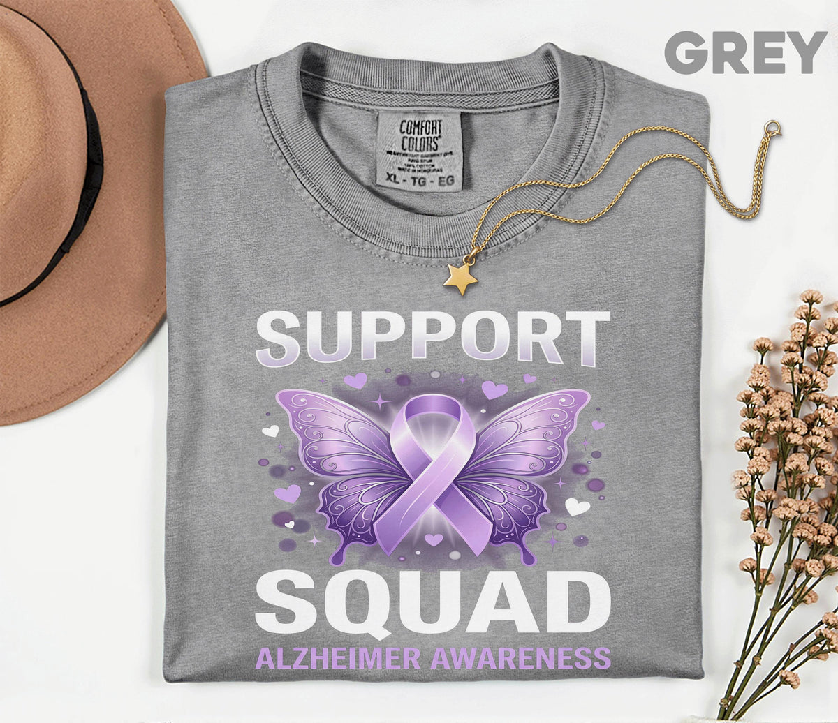 Alzheimer’s Awareness Support Squad Comfort Colors Shirt, Matching Purple Ribbon Butterfly Tee, Group Dementia Caregiver Support Gift