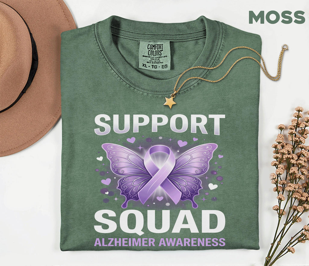 Alzheimer’s Awareness Support Squad Comfort Colors Shirt, Matching Purple Ribbon Butterfly Tee, Group Dementia Caregiver Support Gift
