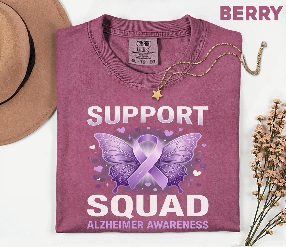 Alzheimer’s Awareness Support Squad Comfort Colors Shirt, Matching Purple Ribbon Butterfly Tee, Group Dementia Caregiver Support Gift