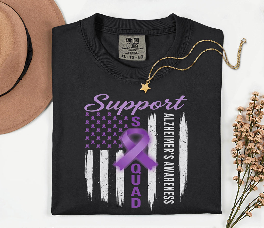 Support Squad Alzheimer’s Awareness Comfort Colors Shirt, Purple Ribbon American Flag Tee