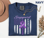 Support Squad Alzheimer’s Awareness Comfort Colors Shirt, Purple Ribbon American Flag Tee, Dementia Support Gift for Caregivers