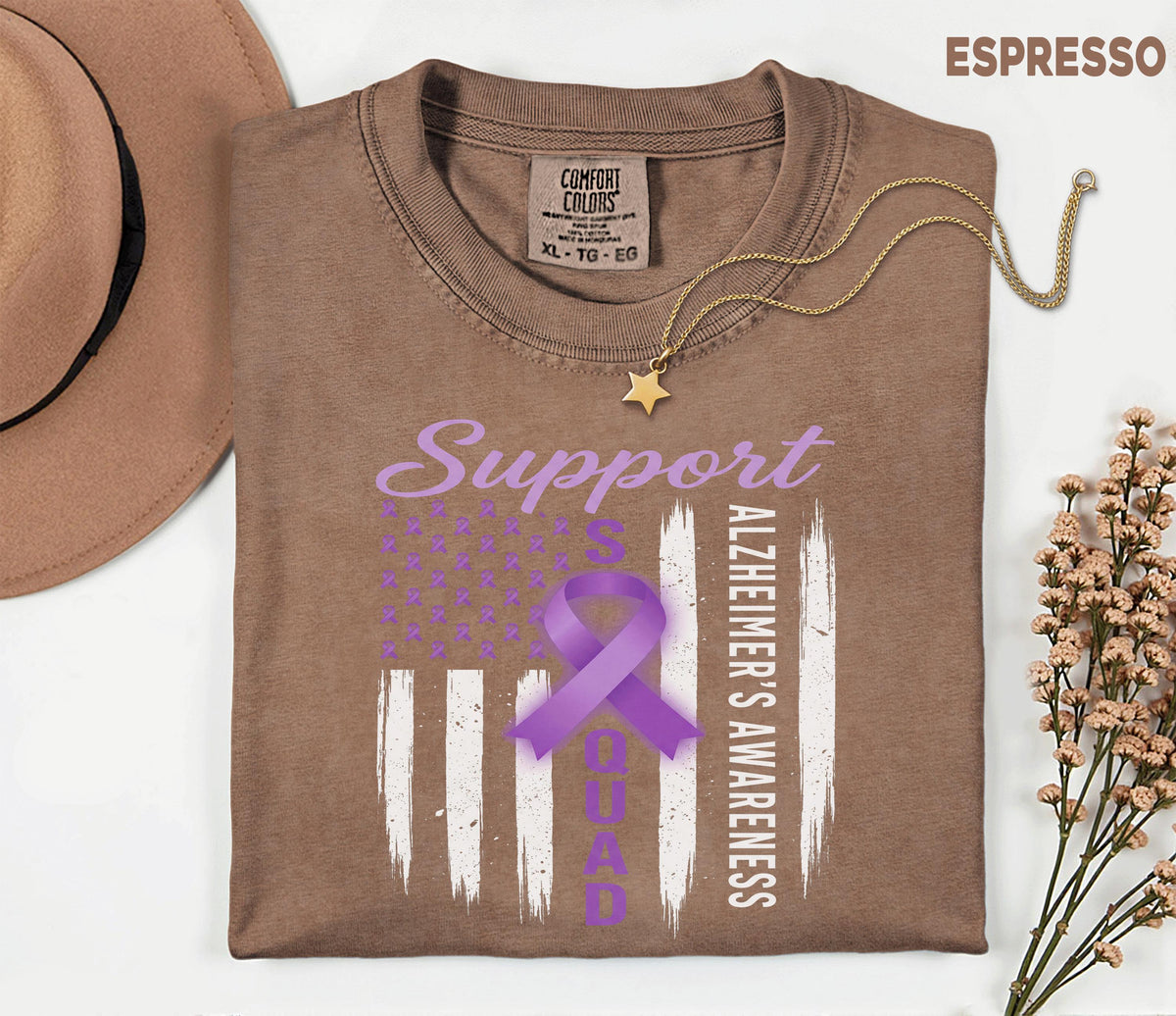 Support Squad Alzheimer’s Awareness Comfort Colors Shirt, Purple Ribbon American Flag Tee, Dementia Support Gift for Caregivers