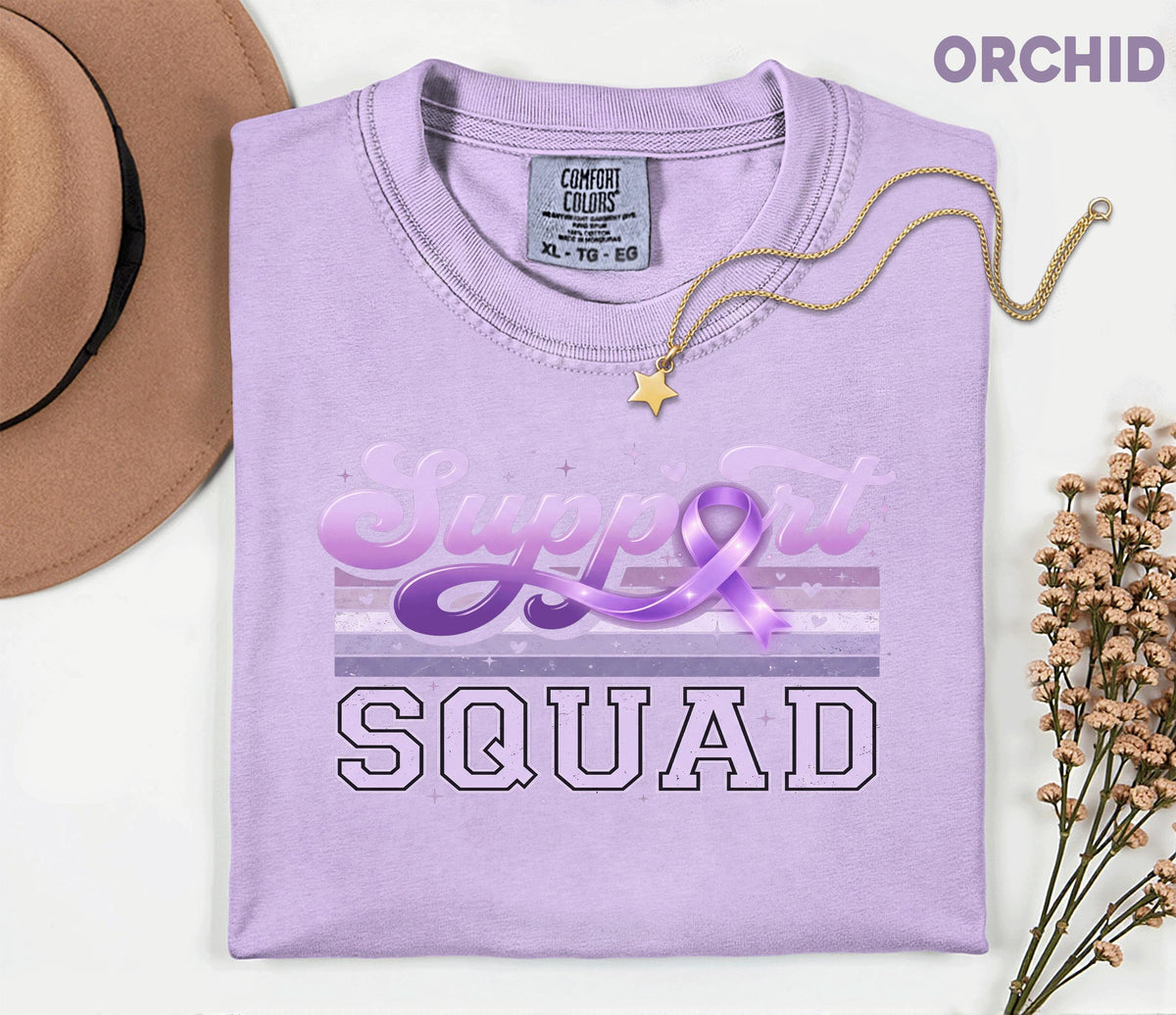 Support Squad Alzheimer’s Awareness Comfort Colors Shirt, Team Purple Ribbon Retro Style Tee, Matching Dementia Caregiver Support Gift