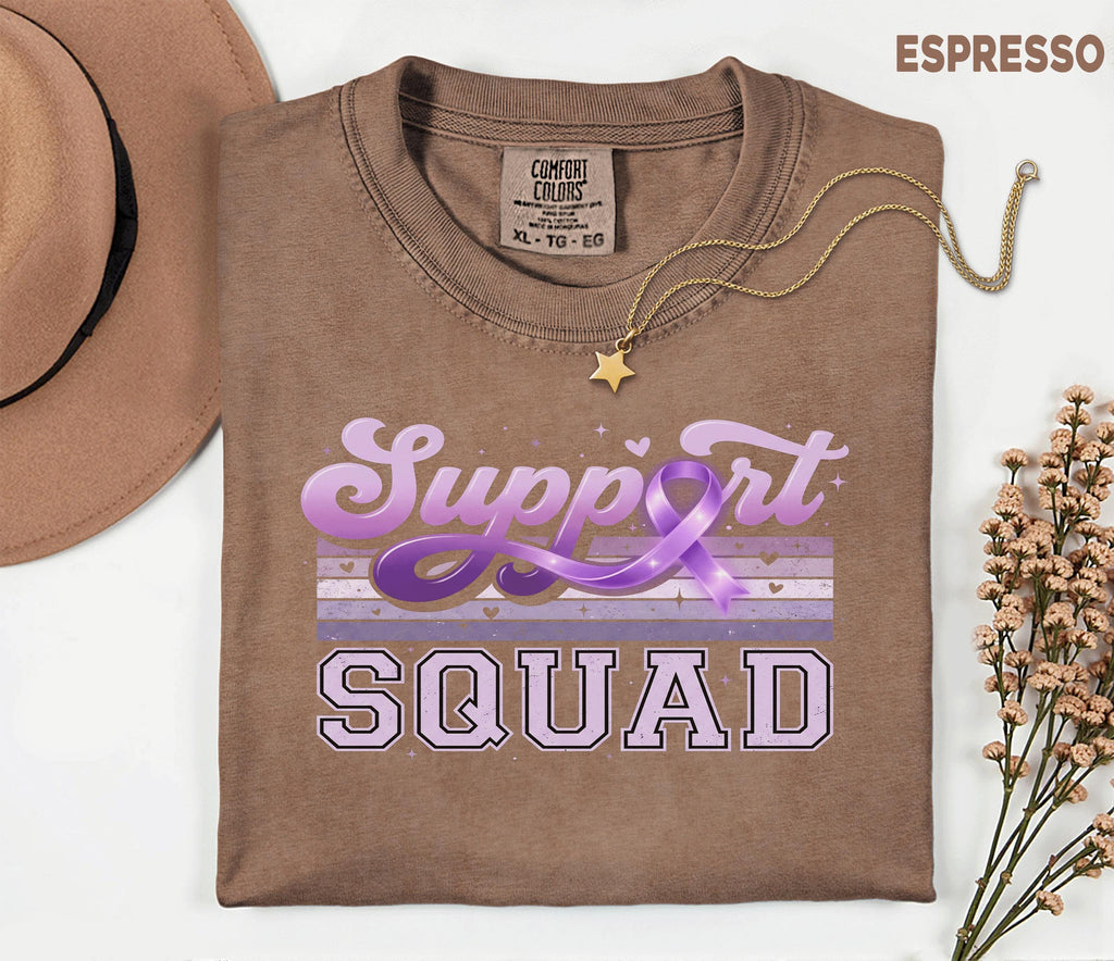 Support Squad Alzheimer’s Awareness Comfort Colors Shirt, Team Purple Ribbon Retro Style Tee, Matching Dementia Caregiver Support Gift