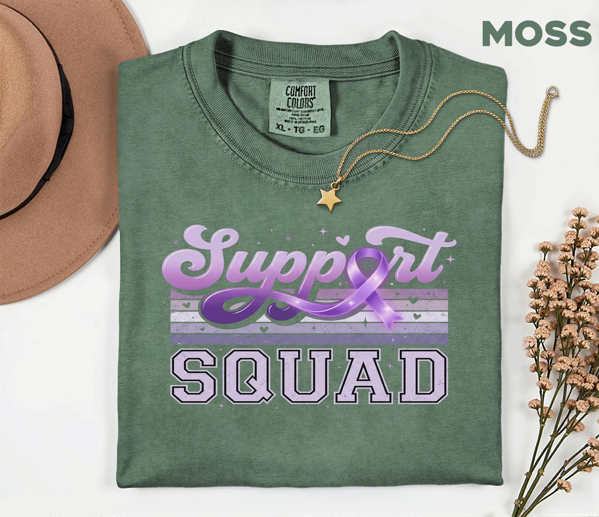 Support Squad Alzheimer’s Awareness Comfort Colors Shirt, Team Purple Ribbon Retro Style Tee, Matching Dementia Caregiver Support Gift