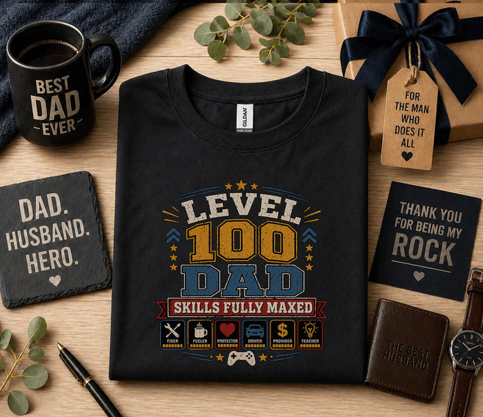 Level 100 Dad Shirt Skills Fully Maxed Gamer Father Tee Funny Dad Gift Birthday Husband Present Fathers Day Gaming T-...
