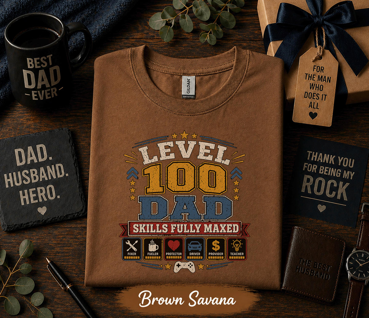 Level 100 Dad Shirt Skills Fully Maxed Gamer Father Tee Funny Dad Gift Birthday Husband Present Fathers Day Gaming T-shirt Retro Style