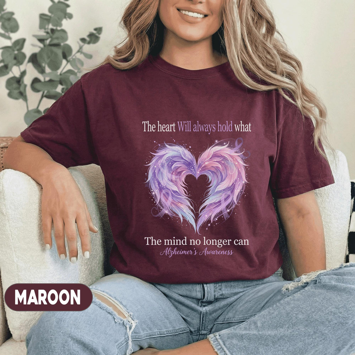 Alzheimer’s Awareness Shirt, The Heart Will Always Hold What The Mind No Longer Can Tee, Purple Angel Wings Memory Support Gift