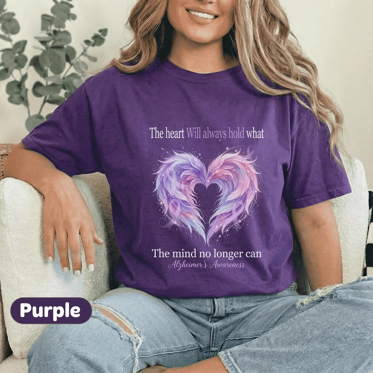 Alzheimer’s Awareness Shirt, The Heart Will Always Hold What The Mind No Longer Can Tee, Purple Angel Wings Memory Support Gift