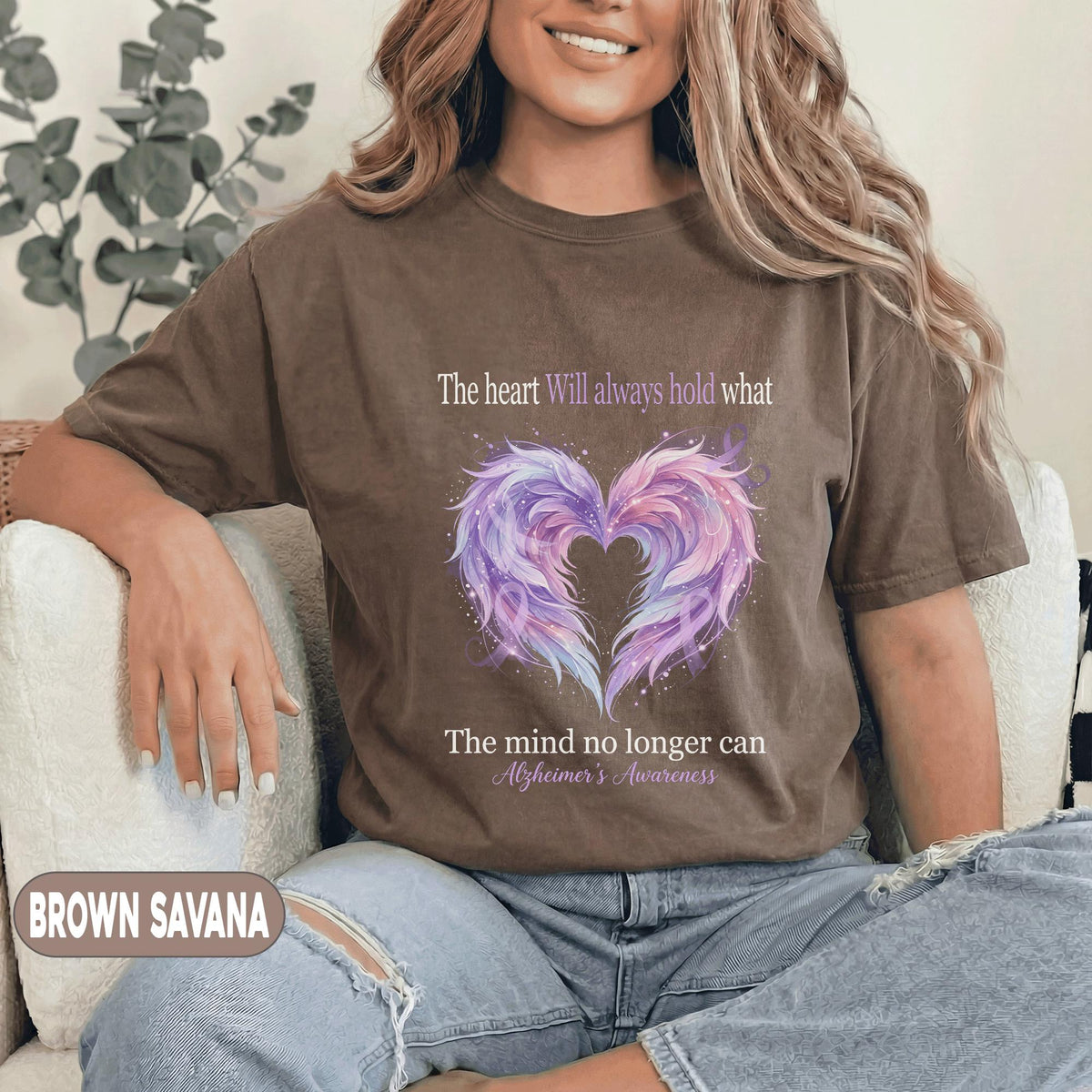 Alzheimer’s Awareness Shirt, The Heart Will Always Hold What The Mind No Longer Can Tee, Purple Angel Wings Memory Support Gift