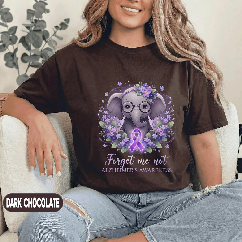 Forget Me Not Alzheimer’s Awareness Shirt, Cute Purple Elephant with Glasses Tee, Dementia Support Gift, Memory Loss Awareness Top