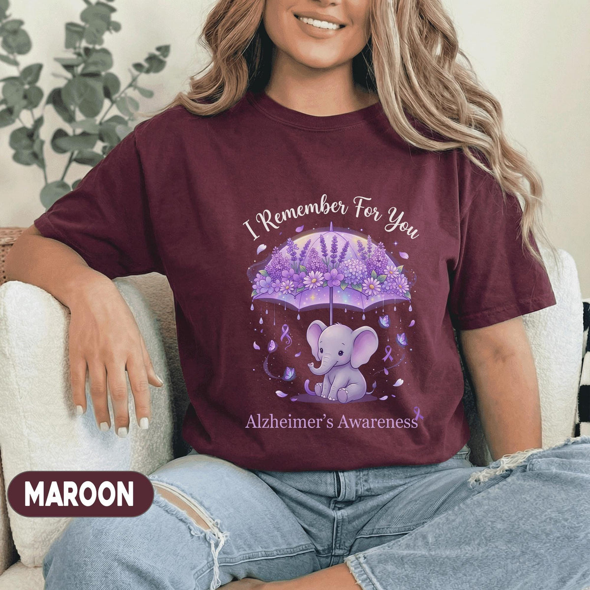 I Remember For You Alzheimer’s Awareness Shirt, Cute Purple Elephant Under Umbrella Tee, Dementia Support Gift, Caregiver Memory Shirt