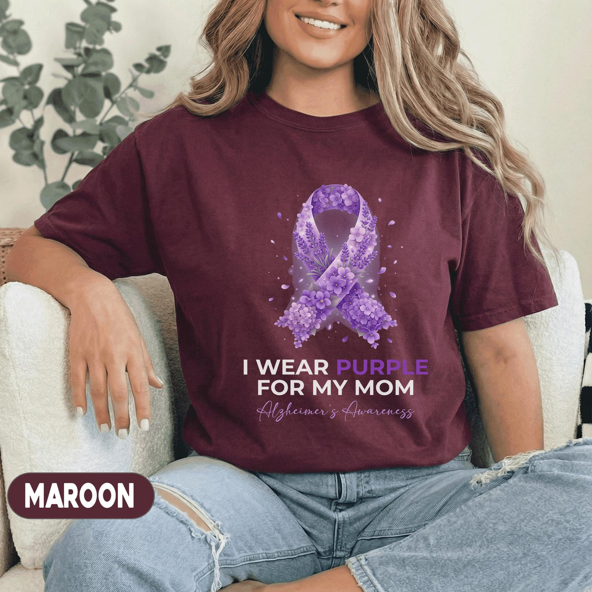 I Wear Purple for My Mom Alzheimer’s Awareness Shirt, Floral Purple Ribbon Support Tee, Dementia Awareness Gift for Mother