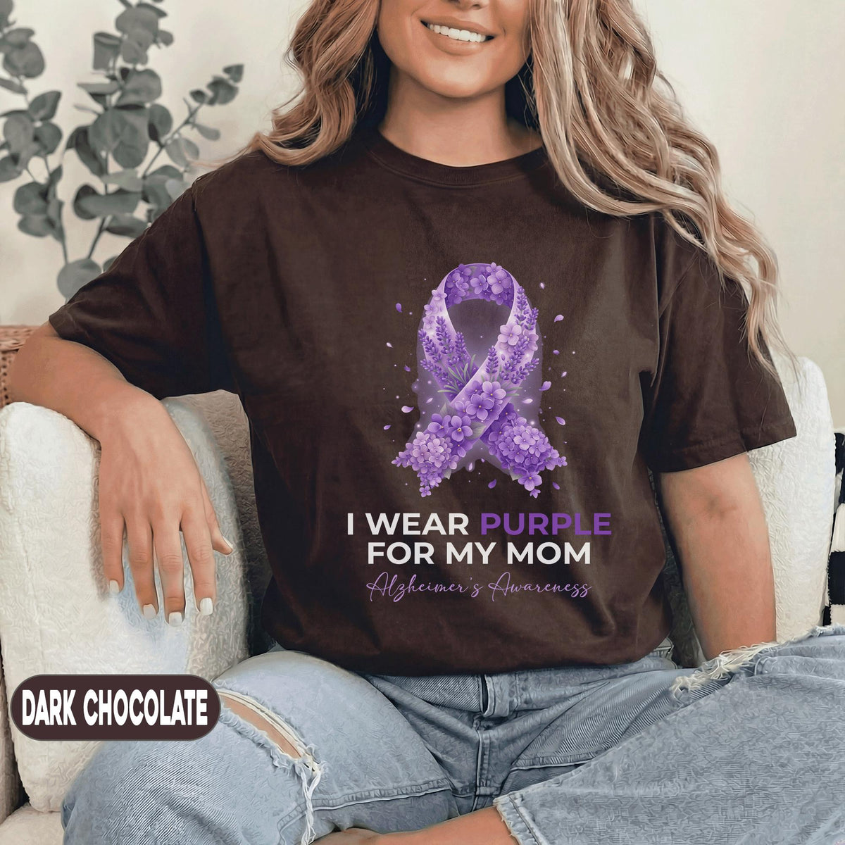 I Wear Purple for My Mom Alzheimer’s Awareness Shirt, Floral Purple Ribbon Support Tee, Dementia Awareness Gift for Mother