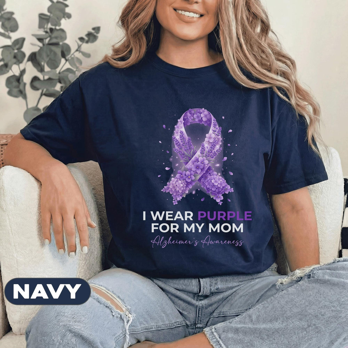 I Wear Purple for My Mom Alzheimer’s Awareness Shirt, Floral Purple Ribbon Support Tee, Dementia Awareness Gift for Mother
