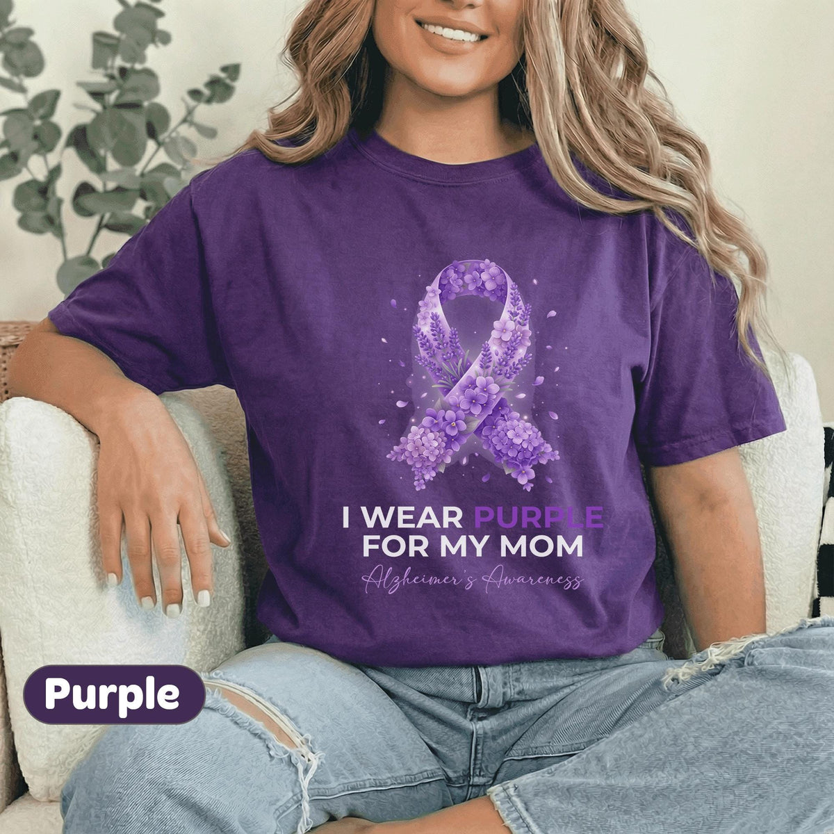 I Wear Purple for My Mom Alzheimer’s Awareness Shirt, Floral Purple Ribbon Support Tee, Dementia Awareness Gift for Mother