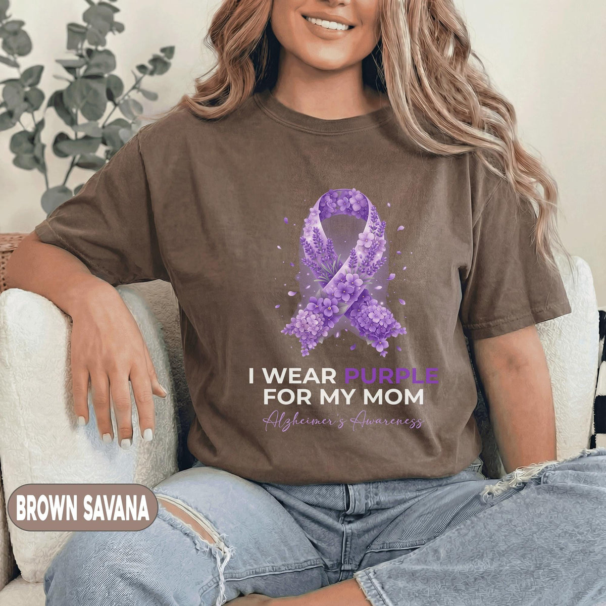 I Wear Purple for My Mom Alzheimer’s Awareness Shirt, Floral Purple Ribbon Support Tee, Dementia Awareness Gift for Mother