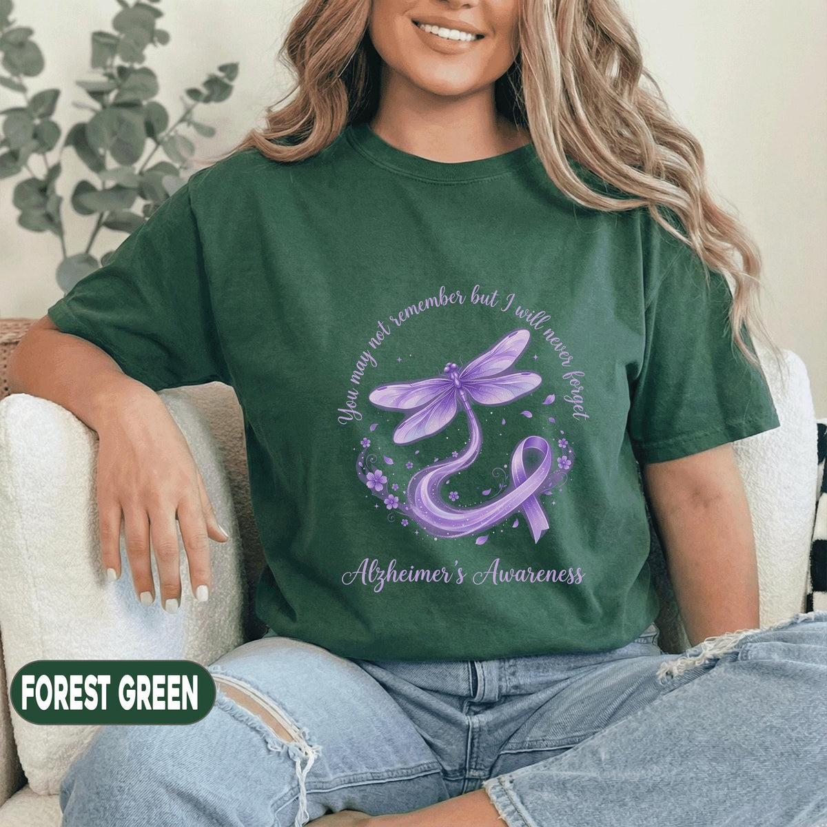 You May Not Remember But I Will Never Forget Alzheimer’s Awareness Shirt, Purple Dragonfly Ribbon Tee, Dementia Support Gift