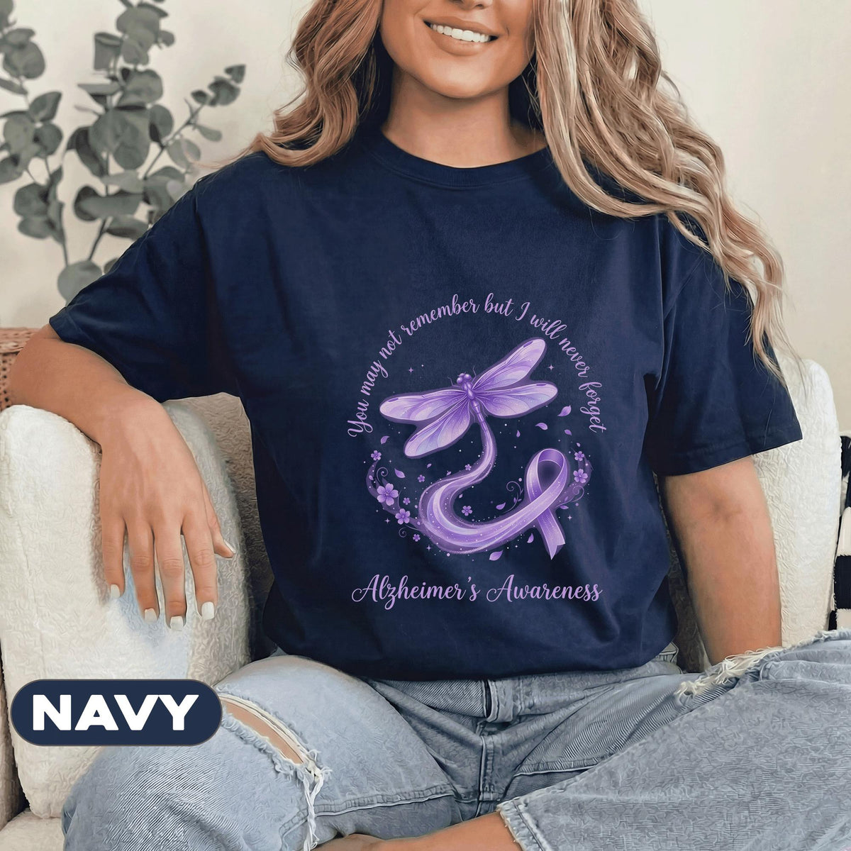 You May Not Remember But I Will Never Forget Alzheimer’s Awareness Shirt, Purple Dragonfly Ribbon Tee, Dementia Support Gift