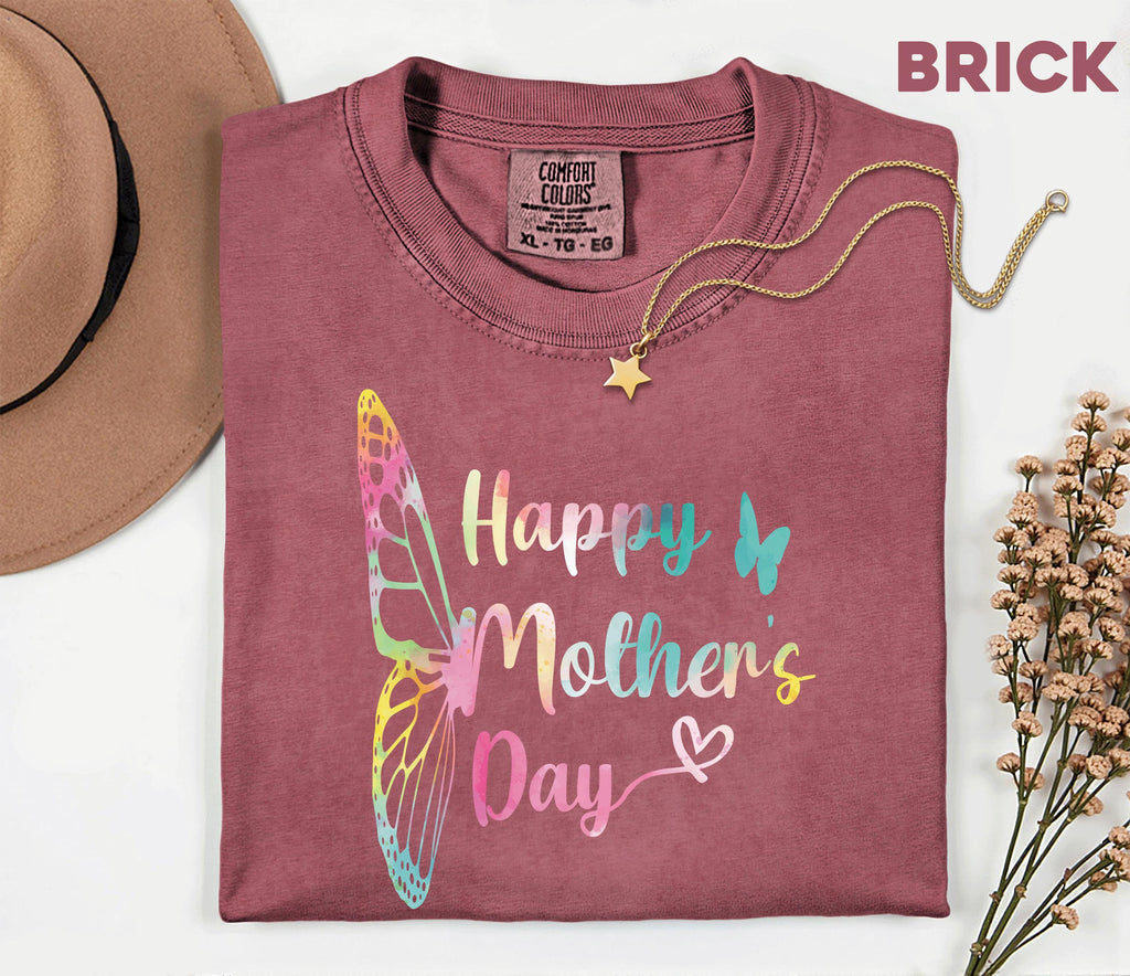 Comfort Colors Mothers Day Shirt, Happy Mothers Day Butterfly Tee, Pastel Rainbow Mom Gift, Cute Floral Mama T Shirt for Women