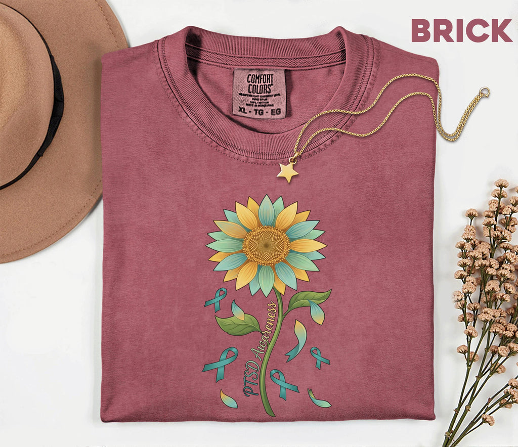 Comfort Colors PTSD Awareness Shirt, Teal Ribbon Sunflower Tee, Mental Health Support Shirt, Trauma Survivor Gift, Unisex