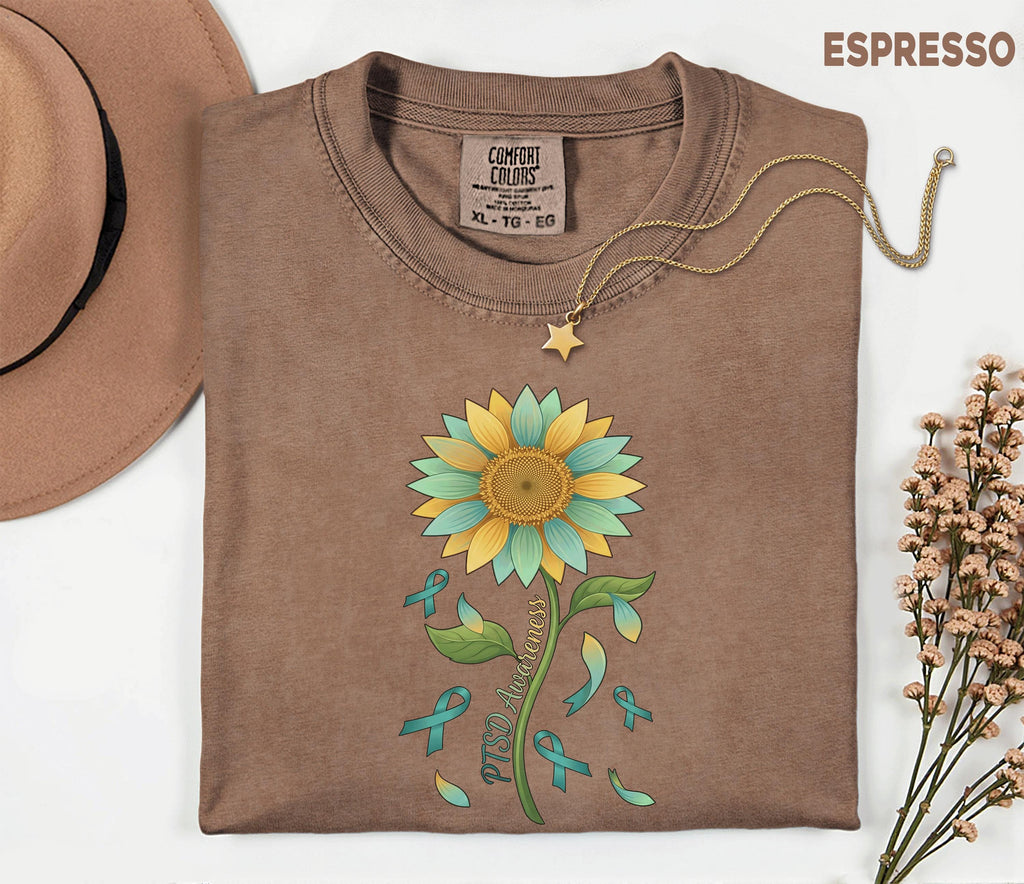 Comfort Colors PTSD Awareness Shirt, Teal Ribbon Sunflower Tee, Mental Health Support Shirt, Trauma Survivor Gift, Unisex