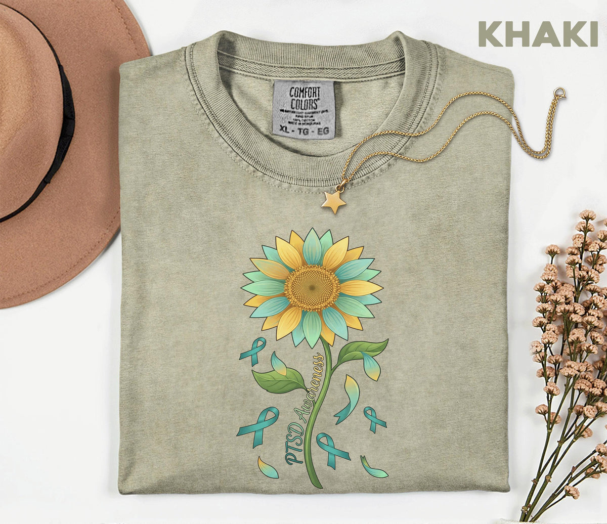 Comfort Colors PTSD Awareness Shirt, Teal Ribbon Sunflower Tee, Mental Health Support Shirt, Trauma Survivor Gift, Unisex
