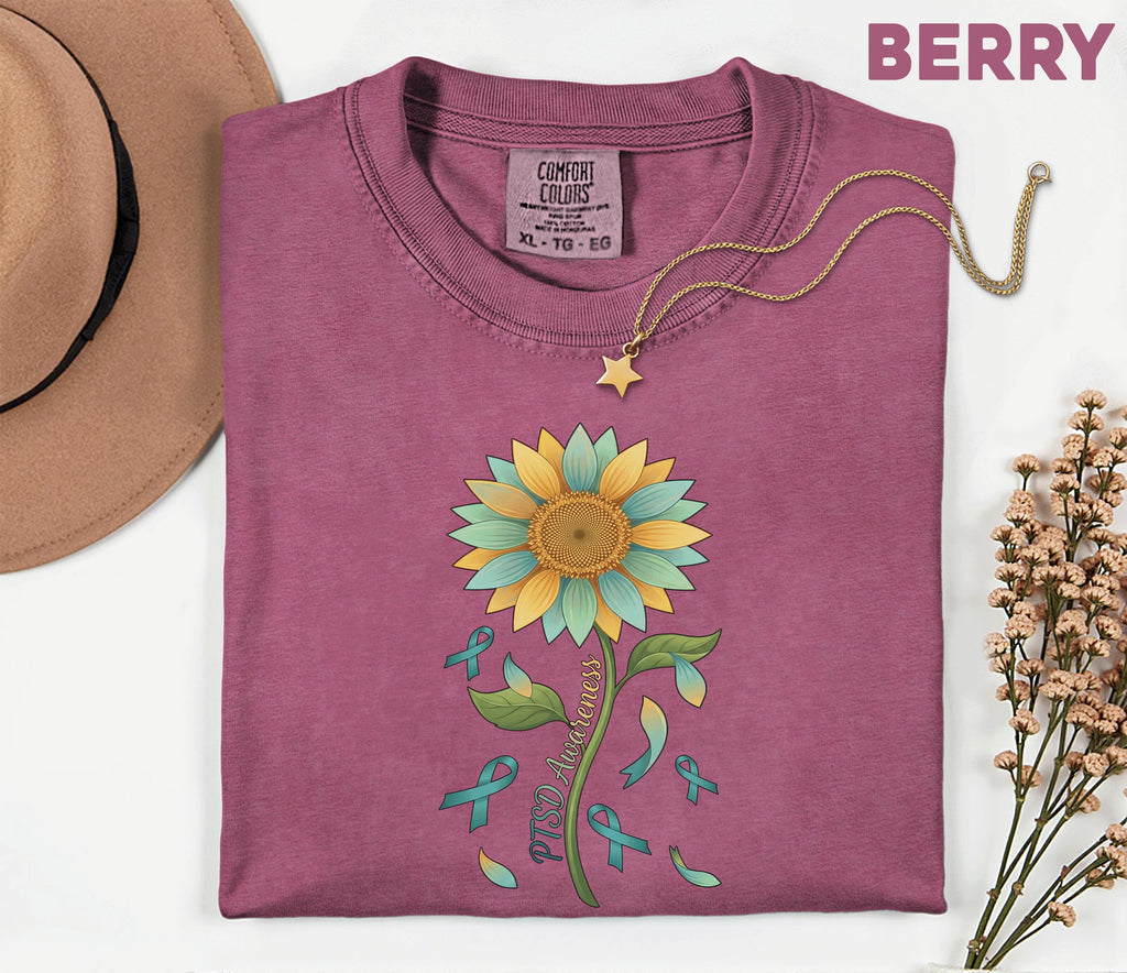 Comfort Colors PTSD Awareness Shirt, Teal Ribbon Sunflower Tee, Mental Health Support Shirt, Trauma Survivor Gift, Unisex