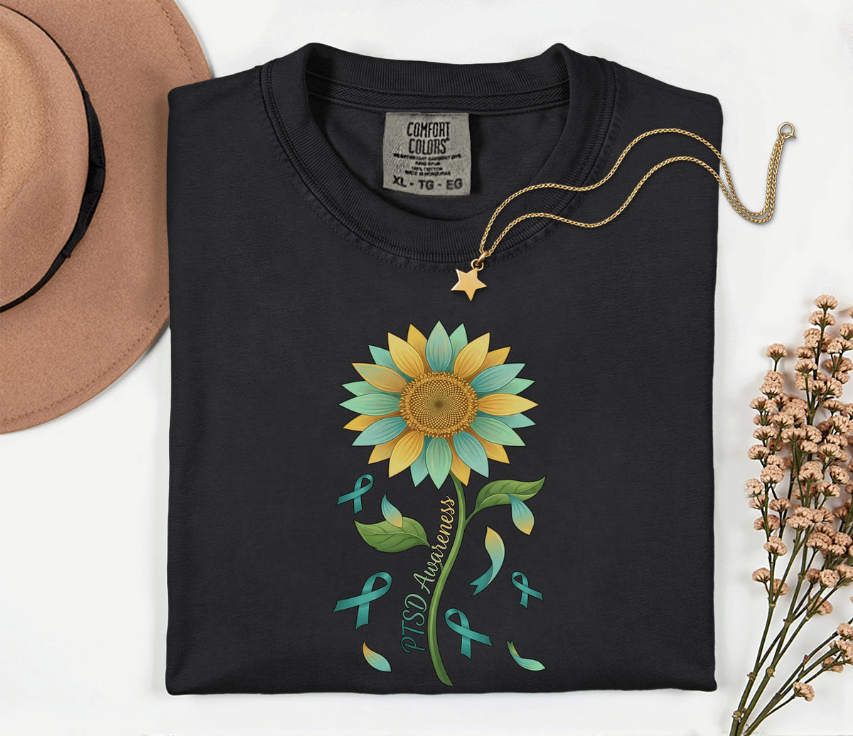 Comfort Colors PTSD Awareness Shirt, Teal Ribbon Sunflower Tee