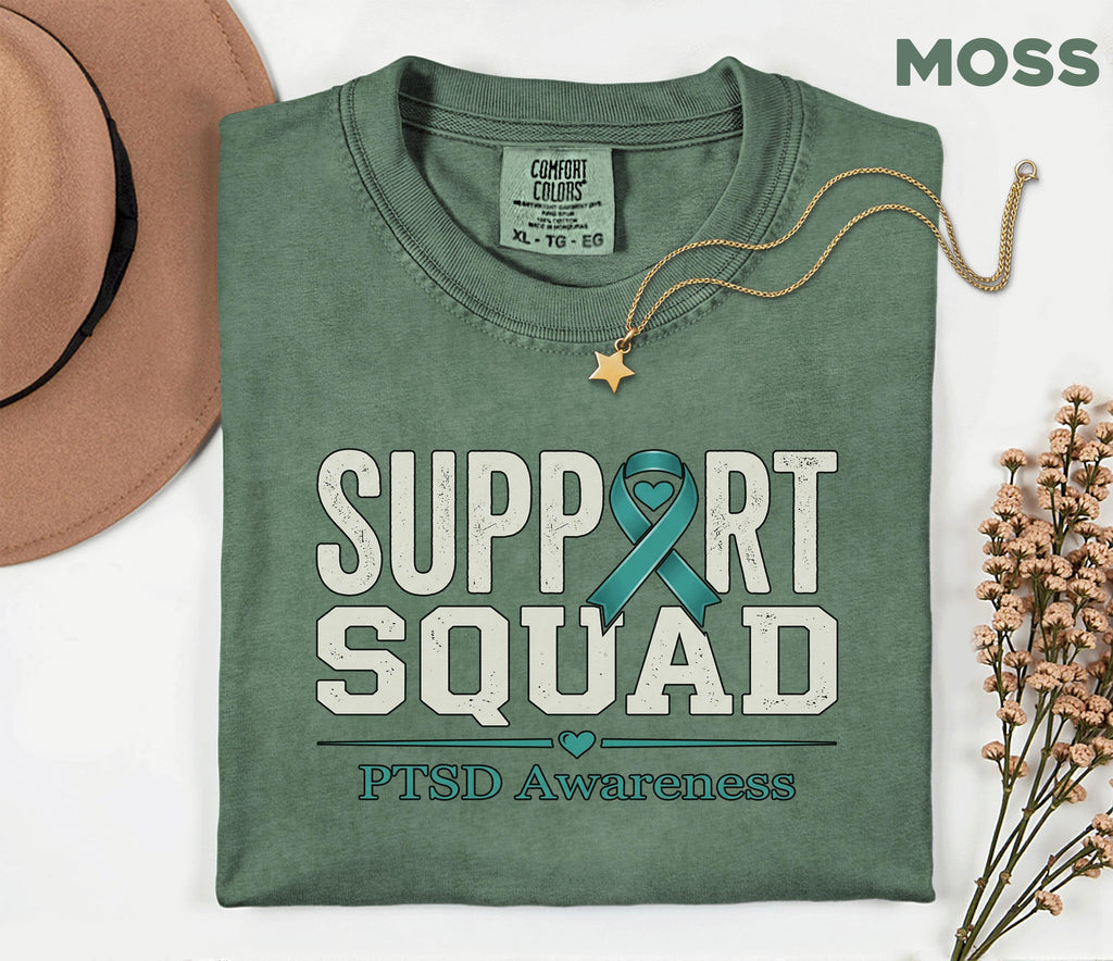 Comfort Colors PTSD Awareness Support Squad Shirt, Matching Teal Ribbon Mental Health Tee