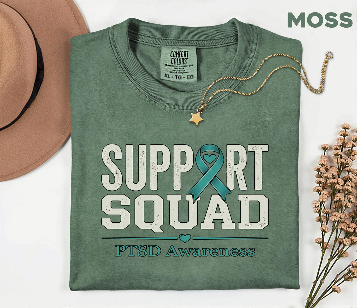 Comfort Colors PTSD Awareness Support Squad Shirt, Matching Teal Ribbon Mental Health Tee