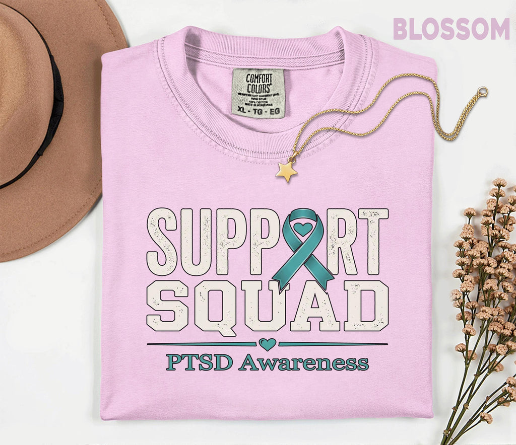 Comfort Colors PTSD Awareness Support Squad Shirt, Matching Teal Ribbon Mental Health Tee, Team Trauma Survivor Support Gift, Advocacy Shirt