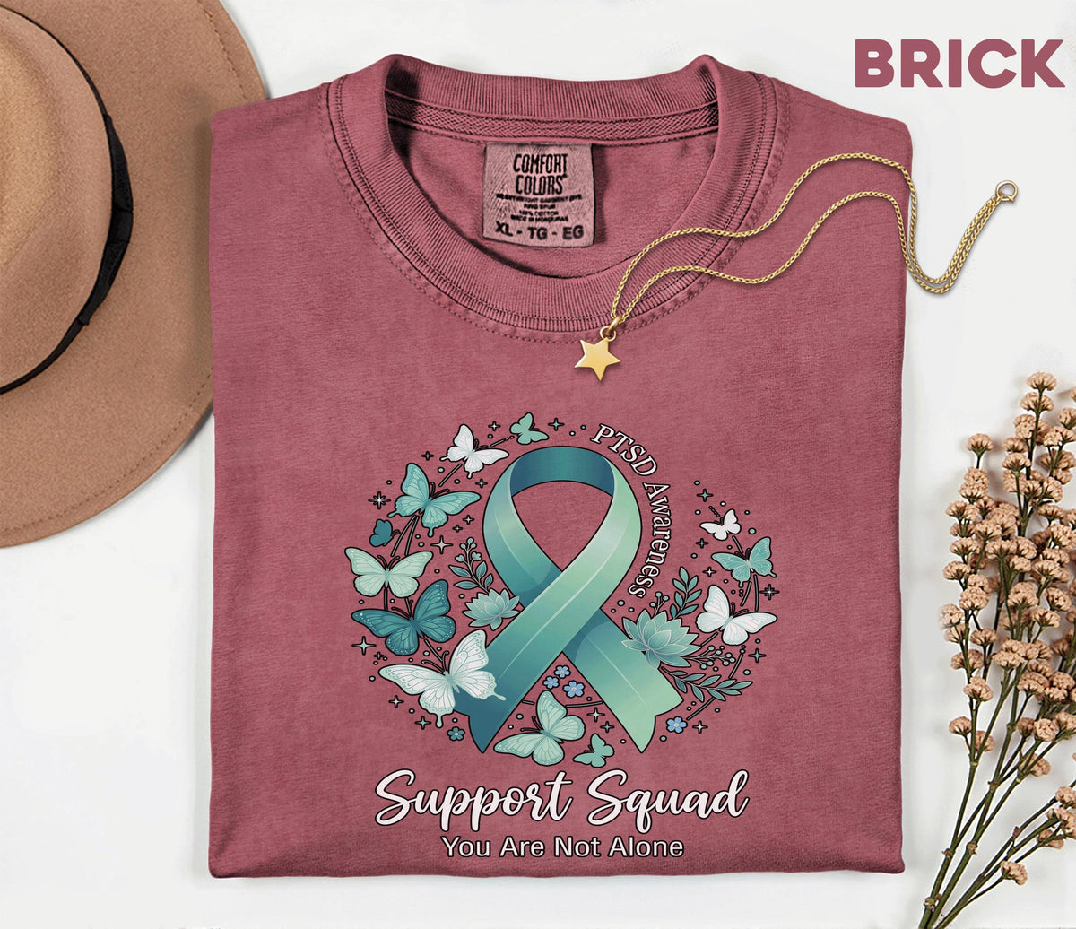 Comfort Colors® PTSD Awareness Support Squad Shirt, Matching Teal Ribbon Butterfly Mental Health Tee, Group Trauma Survivor Support Gift