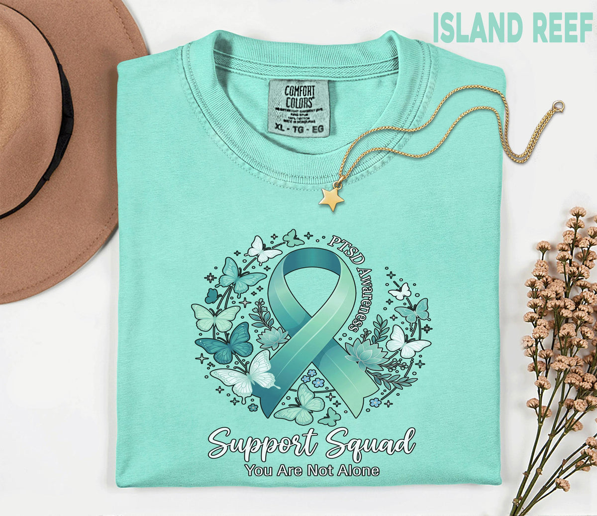 Comfort Colors® PTSD Awareness Support Squad Shirt, Matching Teal Ribbon Butterfly Mental Health Tee, Group Trauma Survivor Support Gift