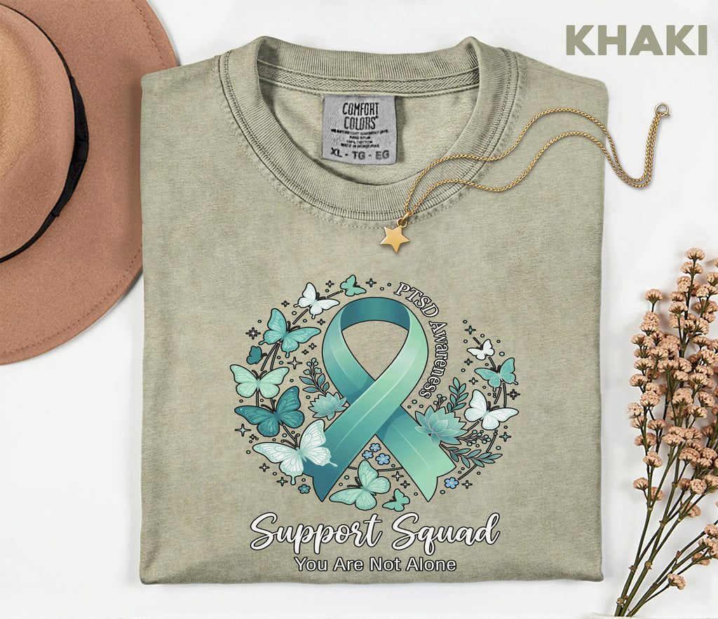 Comfort Colors® PTSD Awareness Support Squad Shirt, Matching Teal Ribbon Butterfly Mental Health Tee