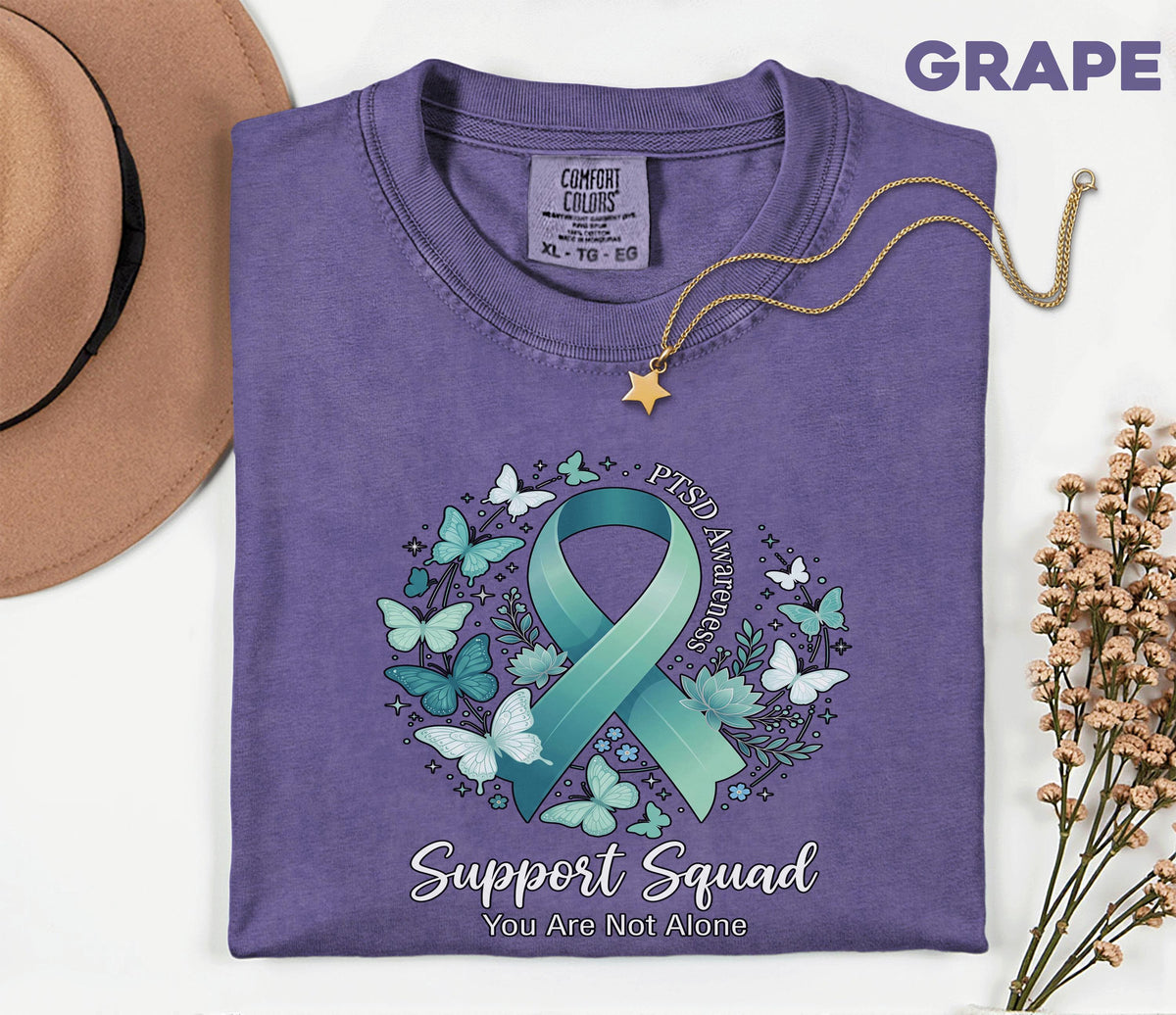 Comfort Colors® PTSD Awareness Support Squad Shirt, Matching Teal Ribbon Butterfly Mental Health Tee, Group Trauma Survivor Support Gift