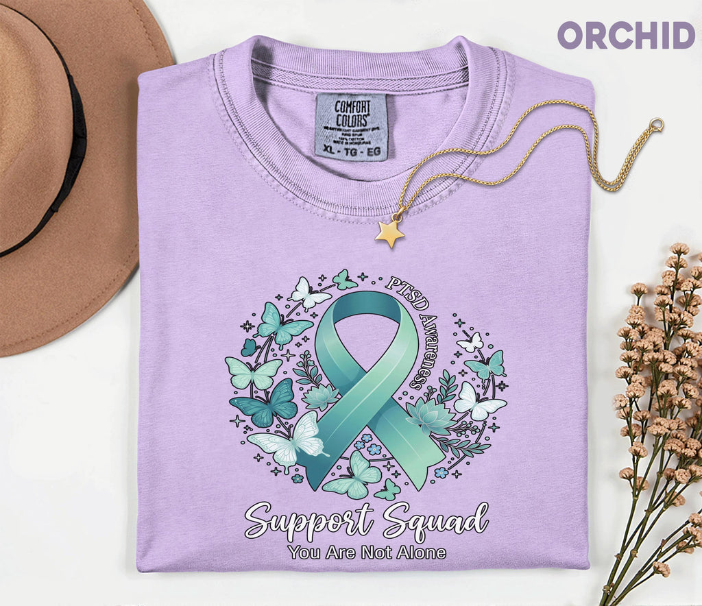 Comfort Colors® PTSD Awareness Support Squad Shirt, Matching Teal Ribbon Butterfly Mental Health Tee, Group Trauma Survivor Support Gift