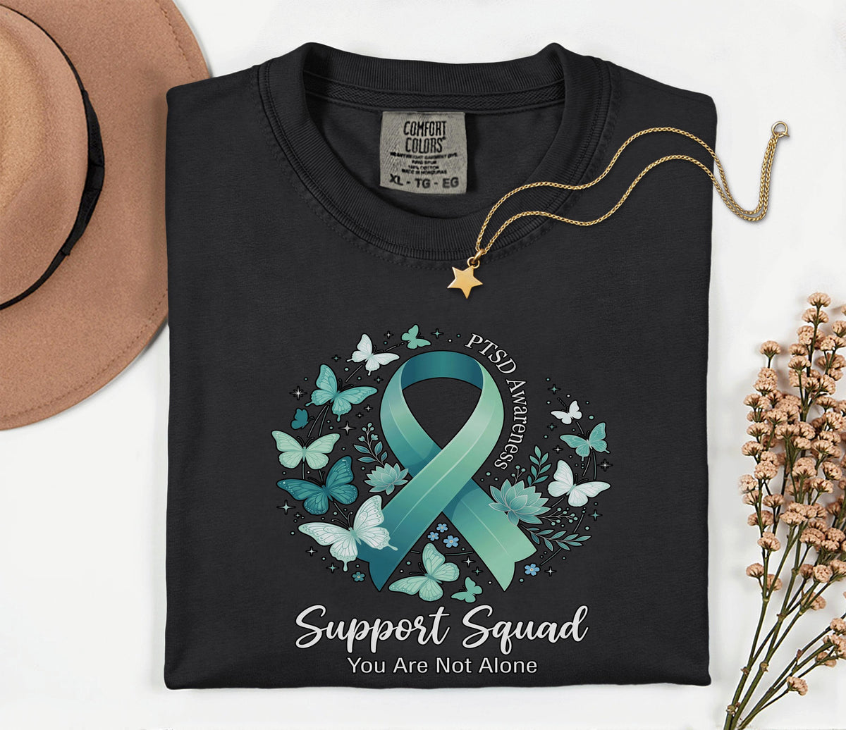 Comfort Colors® PTSD Awareness Support Squad Shirt, Matching Teal Ribbon Butterfly Mental Health Tee, Group Trauma Survivor Support Gift