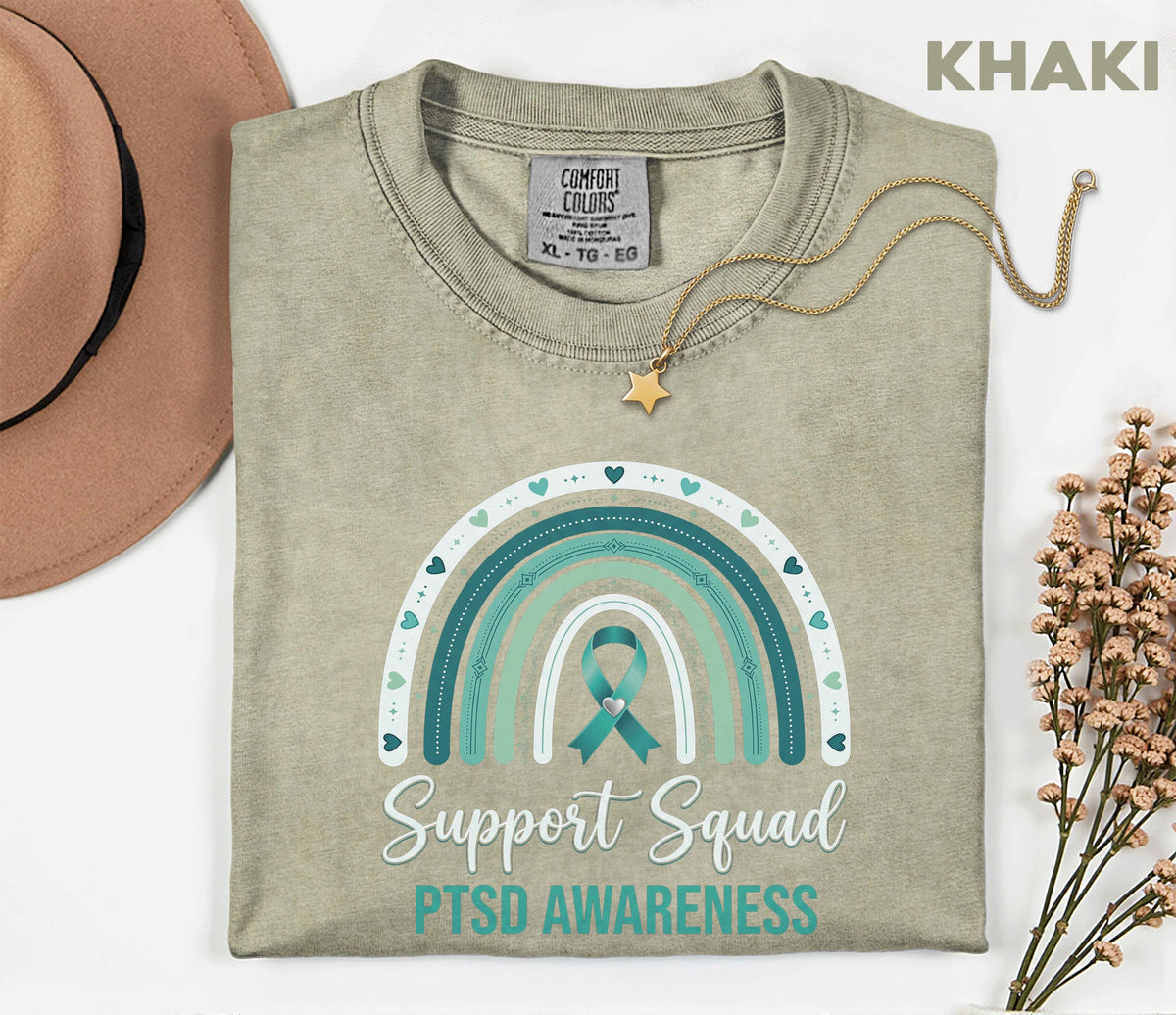 Team Comfort Colors® PTSD Awareness Support Squad Shirt, Matching Teal Ribbon Rainbow Mental Health Tee, Group Trauma Survivor Support Gift