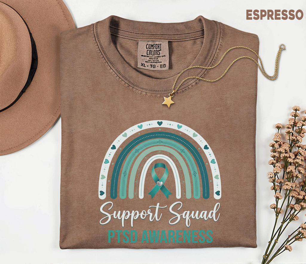 Team Comfort Colors® PTSD Awareness Support Squad Shirt, Matching Teal Ribbon Rainbow Mental Health Tee, Group Trauma Survivor Support Gift