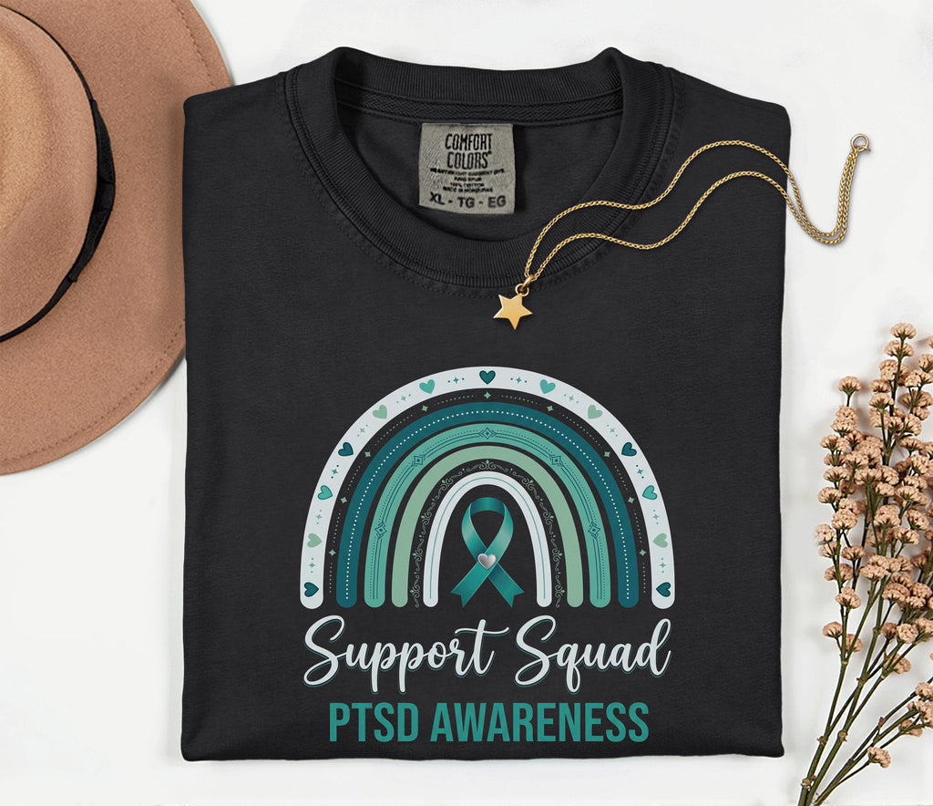 Team Comfort Colors® PTSD Awareness Support Squad Shirt, Matching Teal Ribbon Rainbow Mental Health Tee