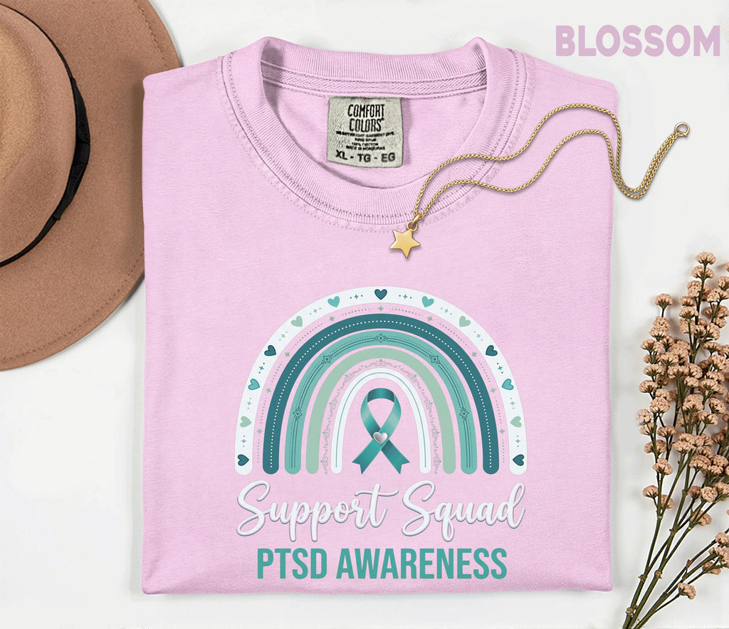 Team Comfort Colors® PTSD Awareness Support Squad Shirt, Matching Teal Ribbon Rainbow Mental Health Tee, Group Trauma Survivor Support Gift