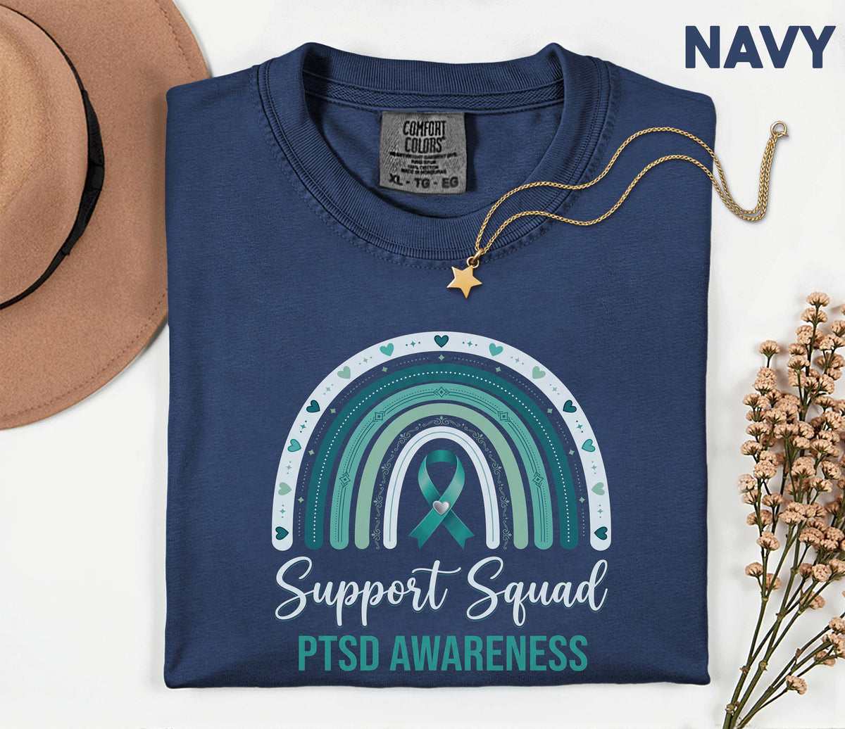 Team Comfort Colors® PTSD Awareness Support Squad Shirt, Matching Teal Ribbon Rainbow Mental Health Tee, Group Trauma Survivor Support Gift