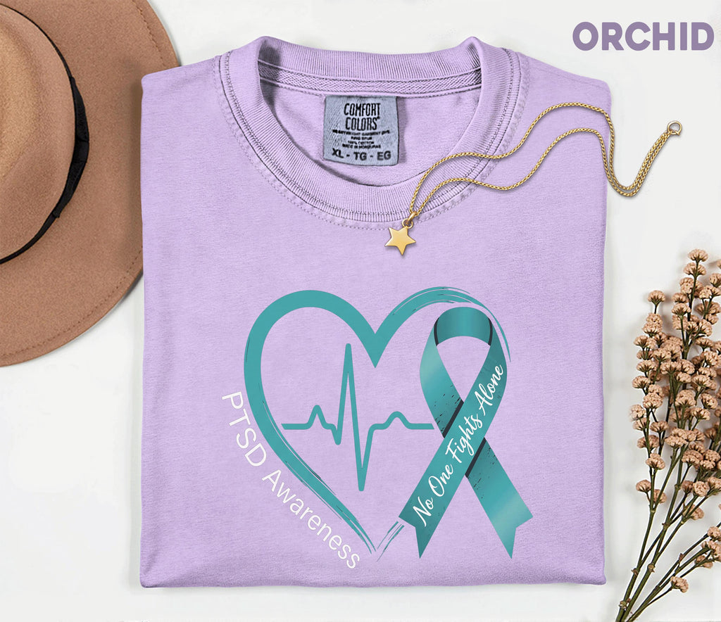 Comfort Colors® PTSD Awareness Shirt, Teal Ribbon Heartbeat Tee, No One Fights Alone Mental Health Support Shirt, Trauma Survivor Gift